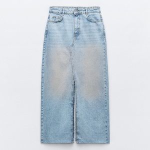 Pink washed slit denim skirt